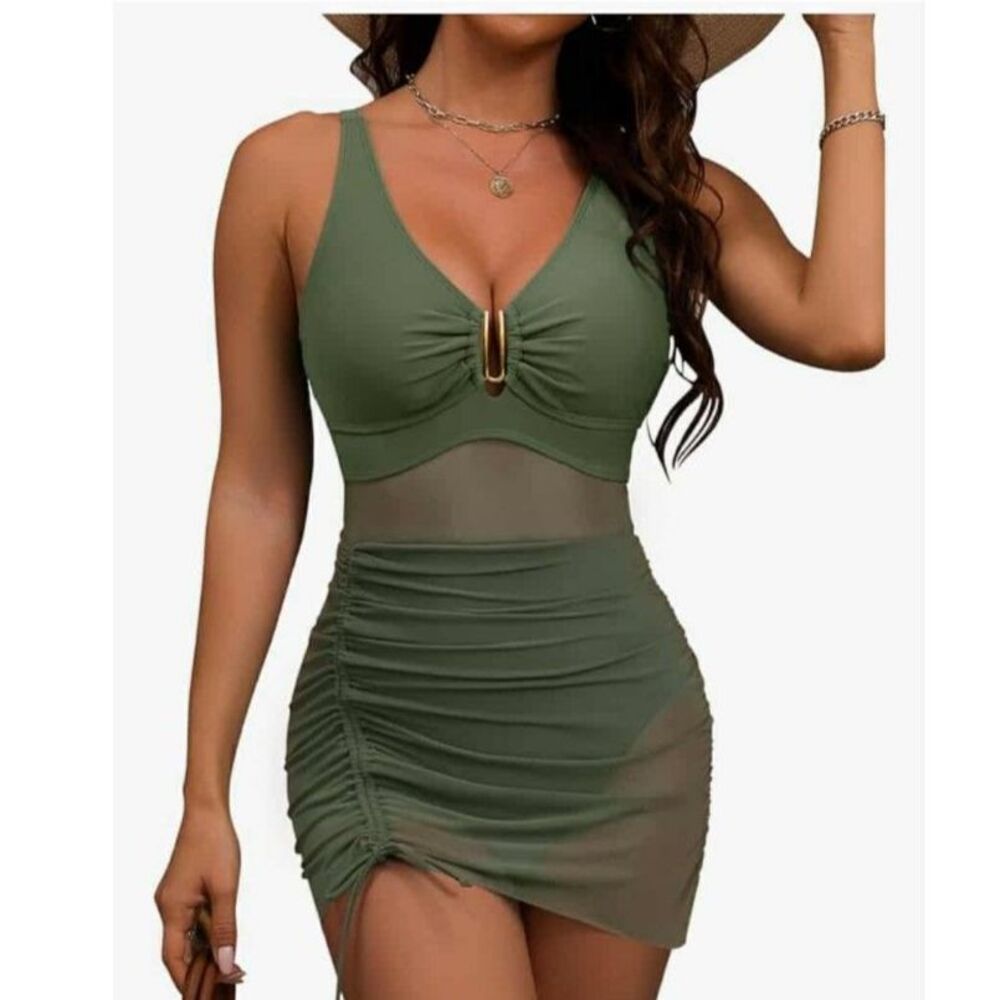 Army Green Ruched Mesh One Piece Swimsuit NWT Size Large